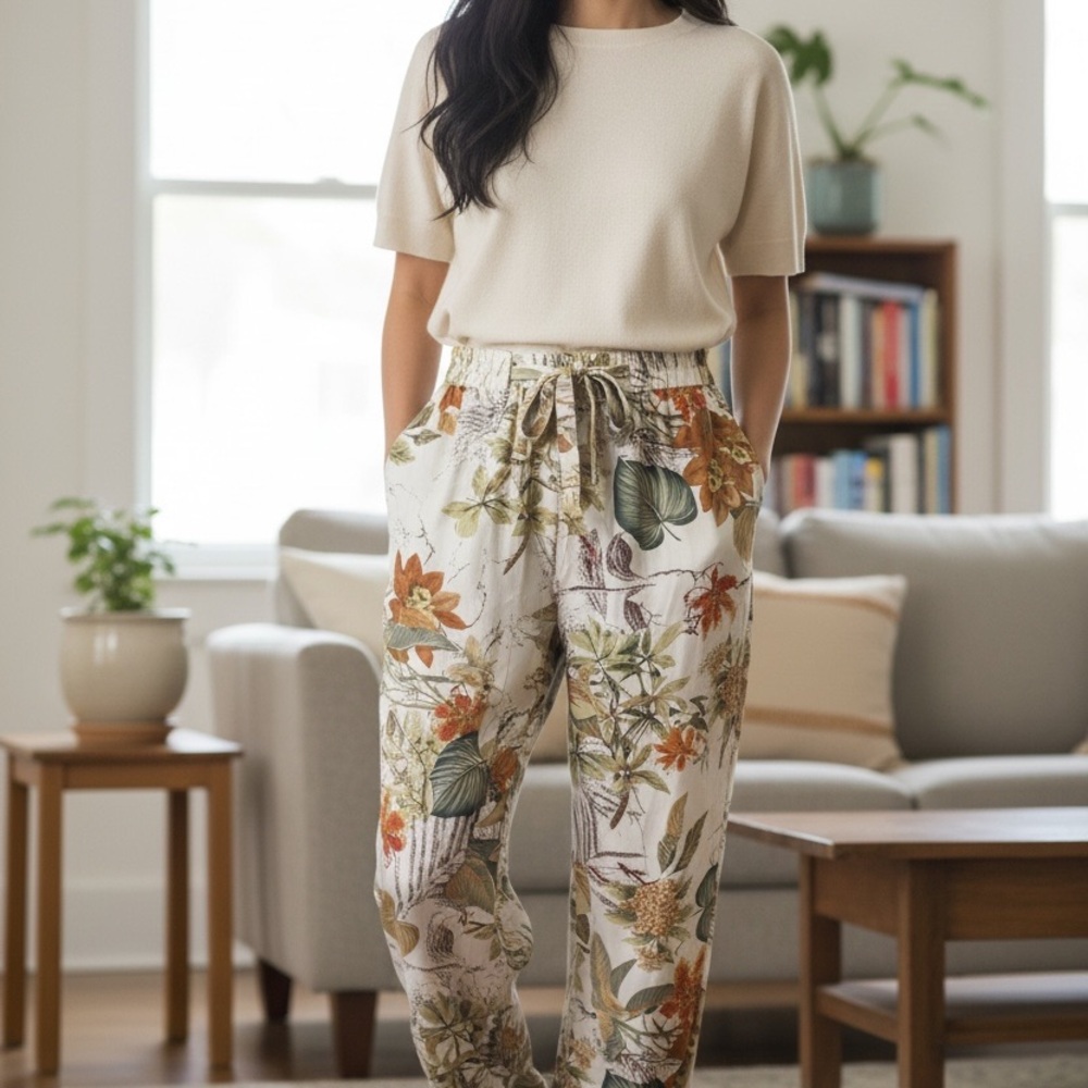 Floral Chiffon Wide Leg Botanical Leaf Pants Womens‎ 1XL Elastic Waist Comfort
